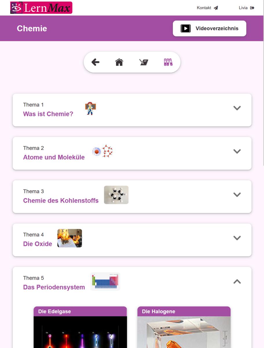 LernMax Chemie Screenshot des Inhaltsverzeichnisses