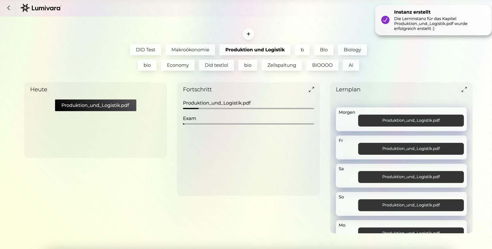 Screenshot der Ansicht in den Lernfortschritt des Kapitels Produktion und Logistik