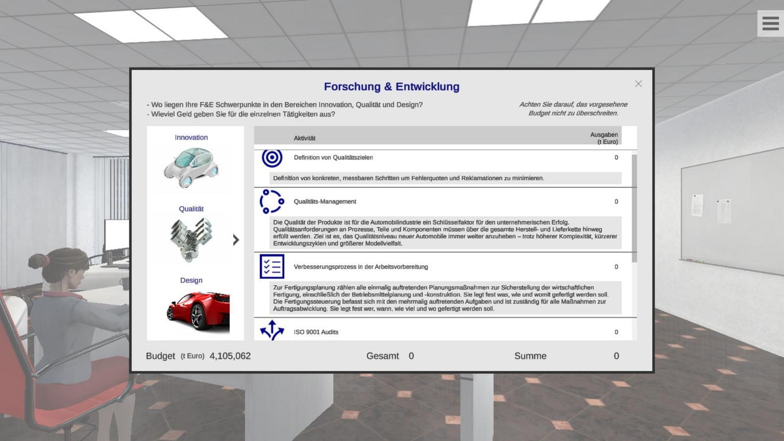 Screenshot zur Darstellung des Bereichs Forschung und Entwicklung am Beispiel eines fiktiven Automobilherstellers