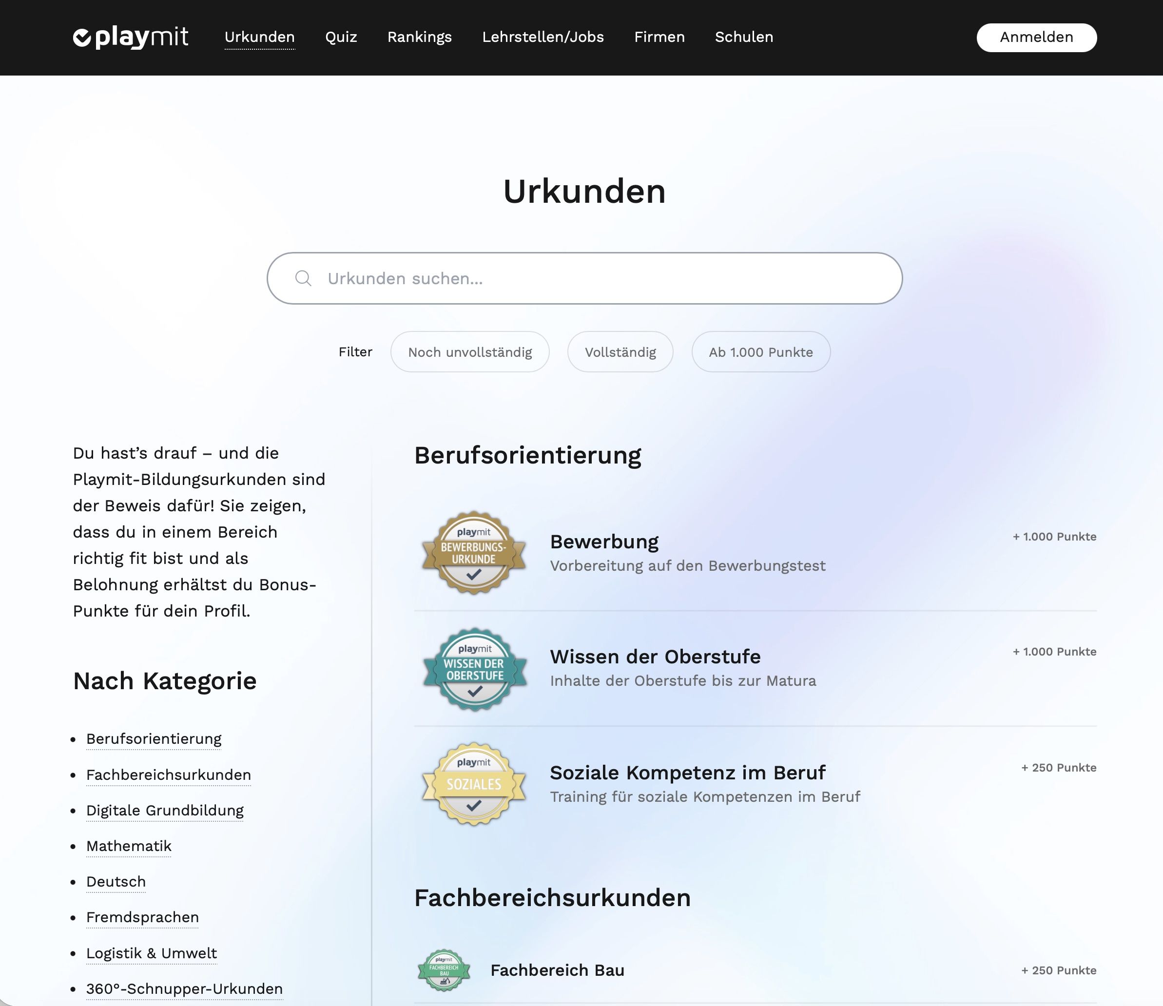 Screenshot der Übersicht über die zu erwerbenden Urkunden