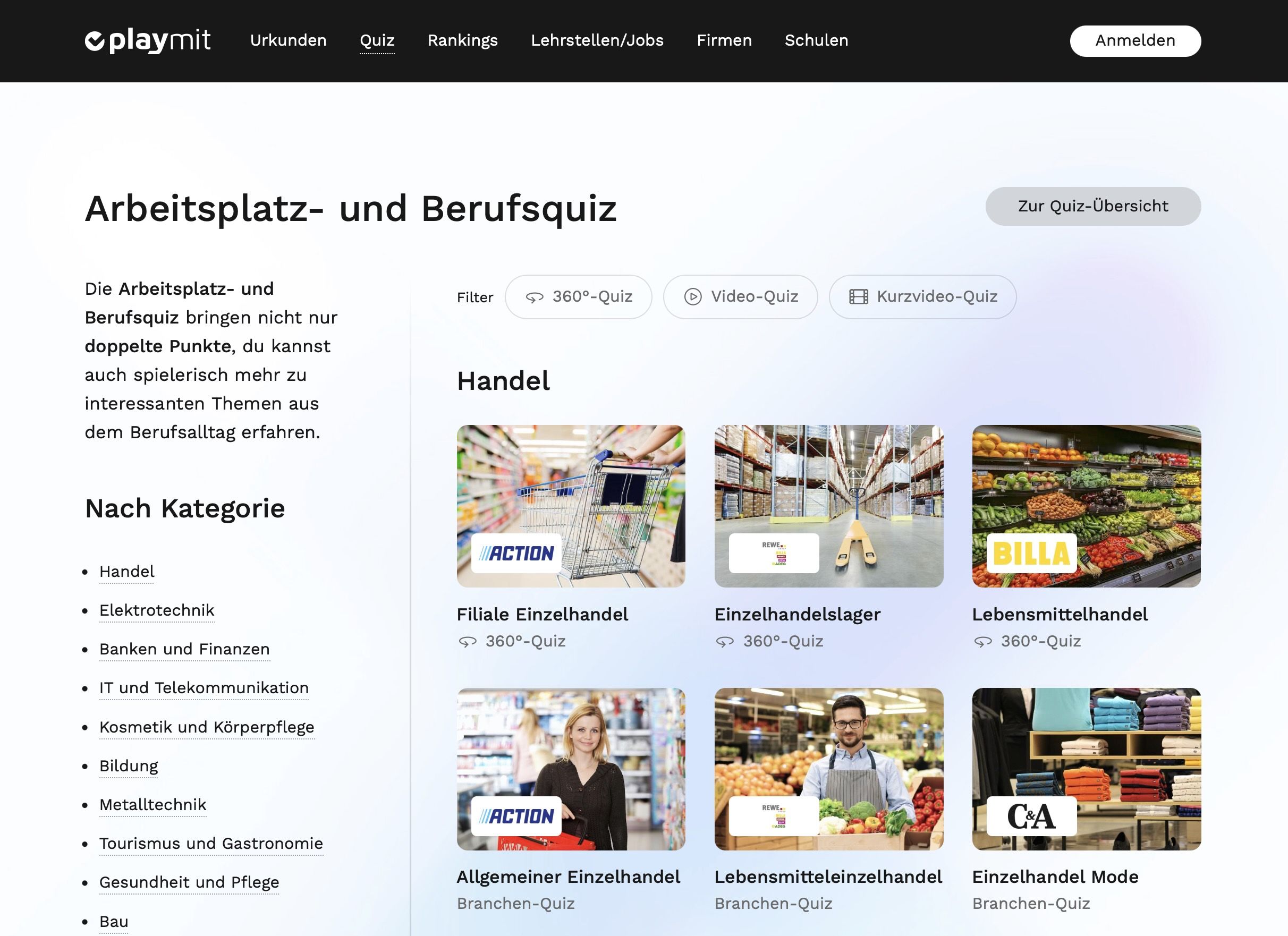 Screenshot der Übersicht über die angebotenen Berufsvideos